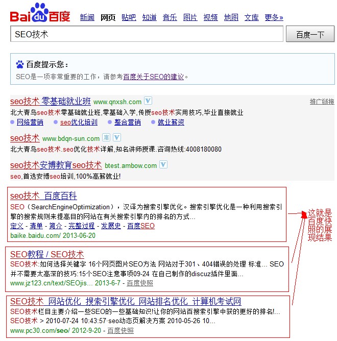 搜索SEO技术，截图百度快照的展现结果页